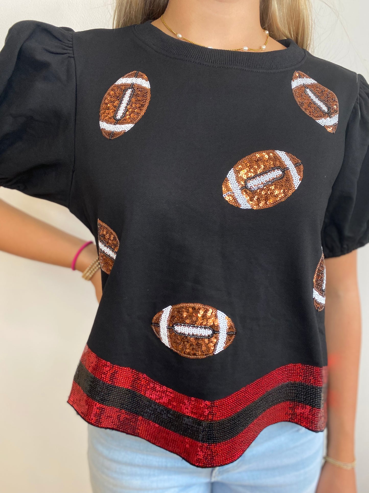 Black & Red Sequin Football Tee