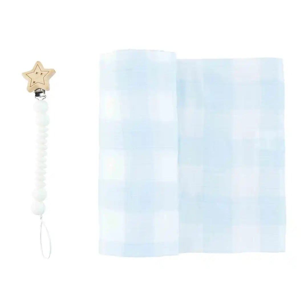 Blue Gingham Swaddle And Paci Clip Set