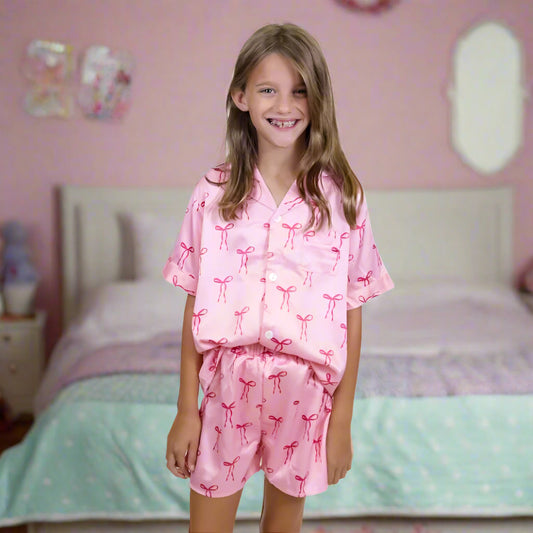 Kids Tied With A Bow Satin Pajama Short Set