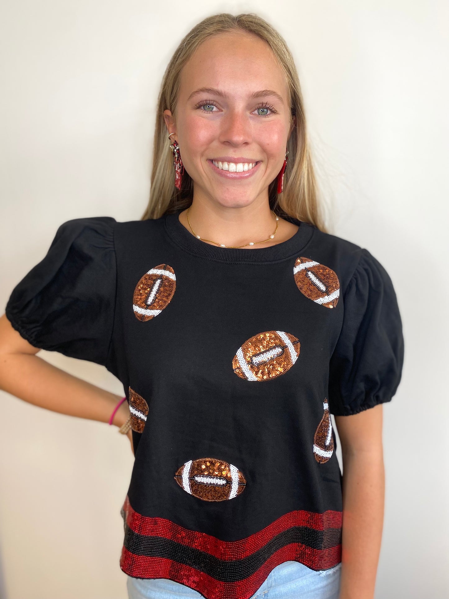Black & Red Sequin Football Tee