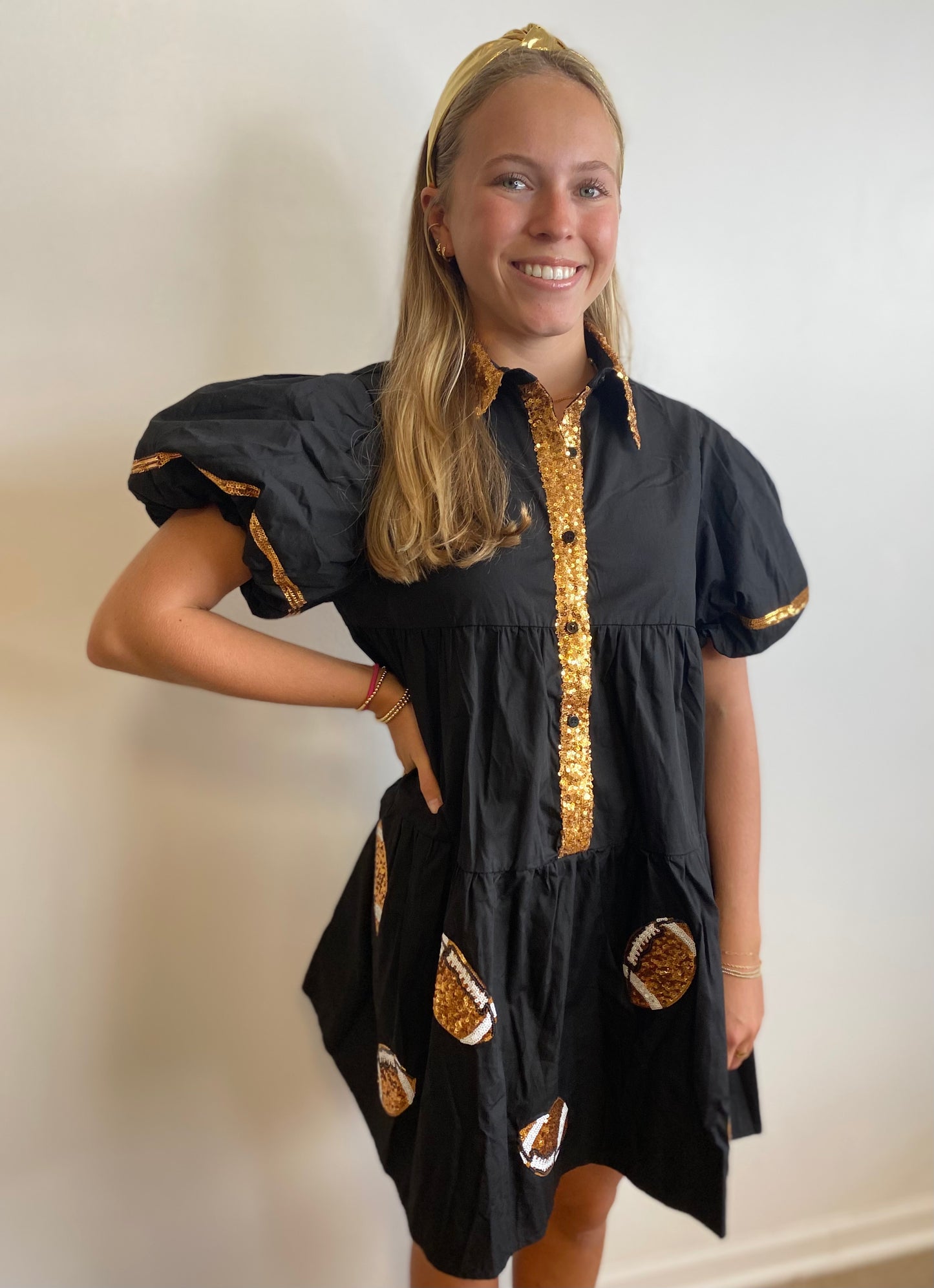 Game Day Dress - Gold Sequin Footballs