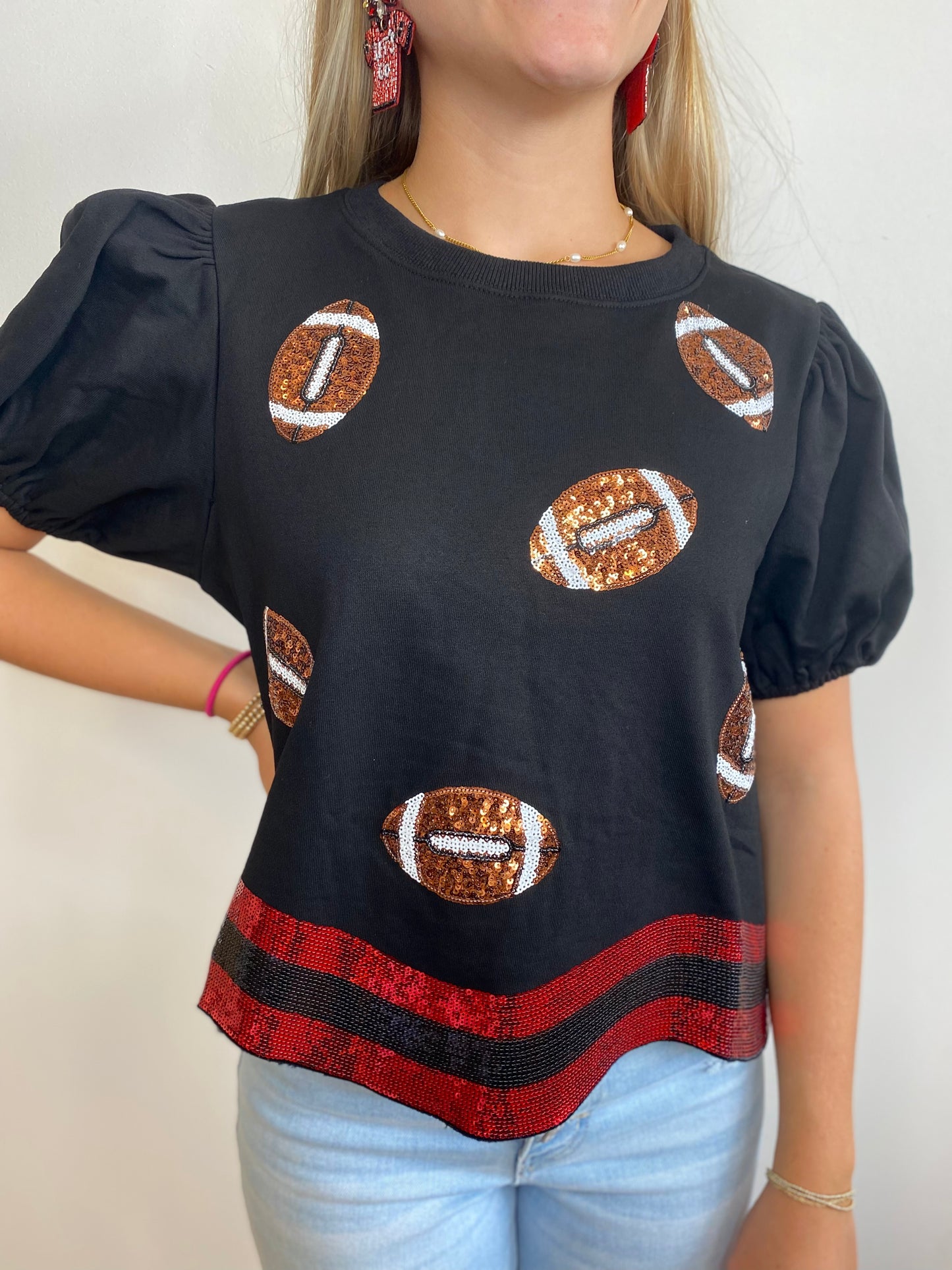 Black & Red Sequin Football Tee