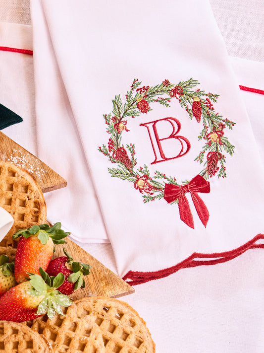 Initial Christmas Wreath Tea Towel