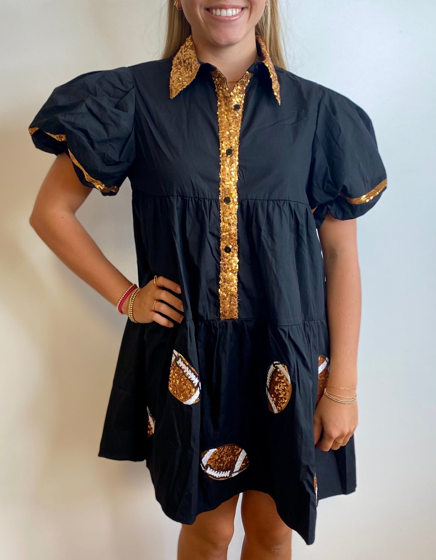 Game Day Dress - Gold Sequin Footballs