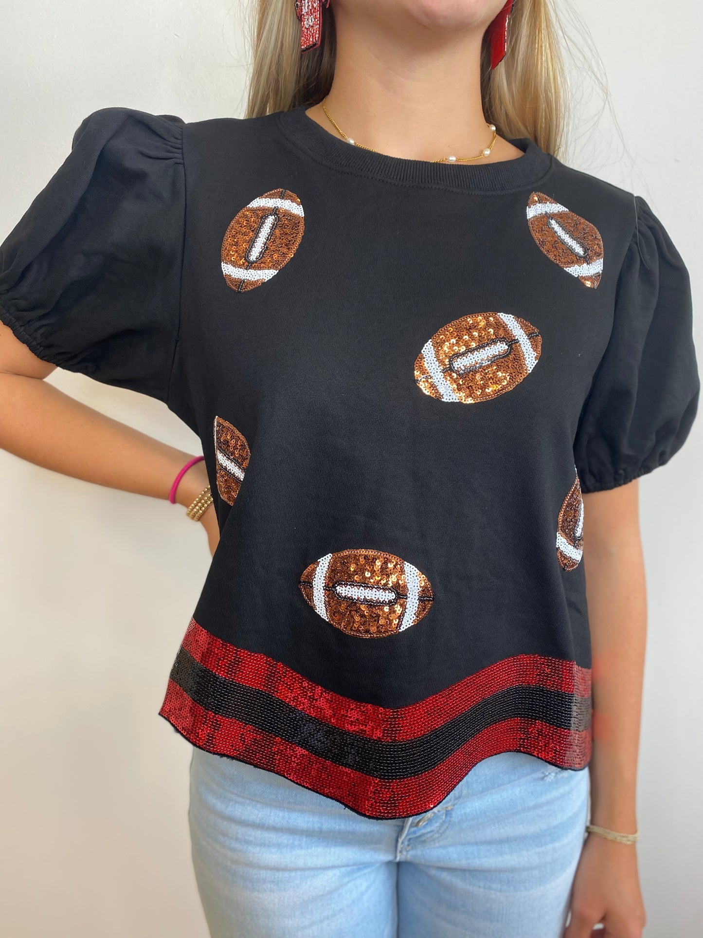 Black & Red Sequin Football Tee