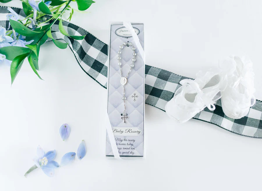 Sterling Silver Grey Baby Rosary Baptism Gift