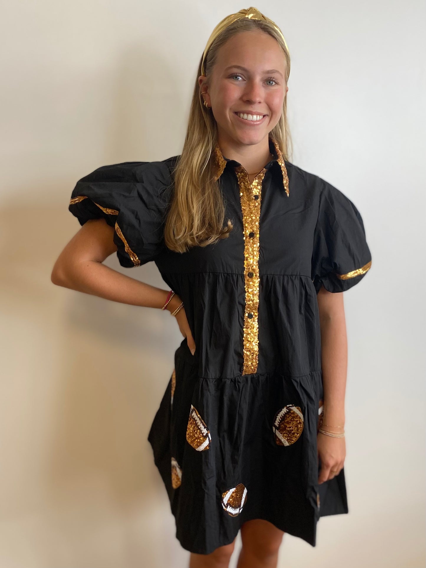 Game Day Dress - Gold Sequin Footballs