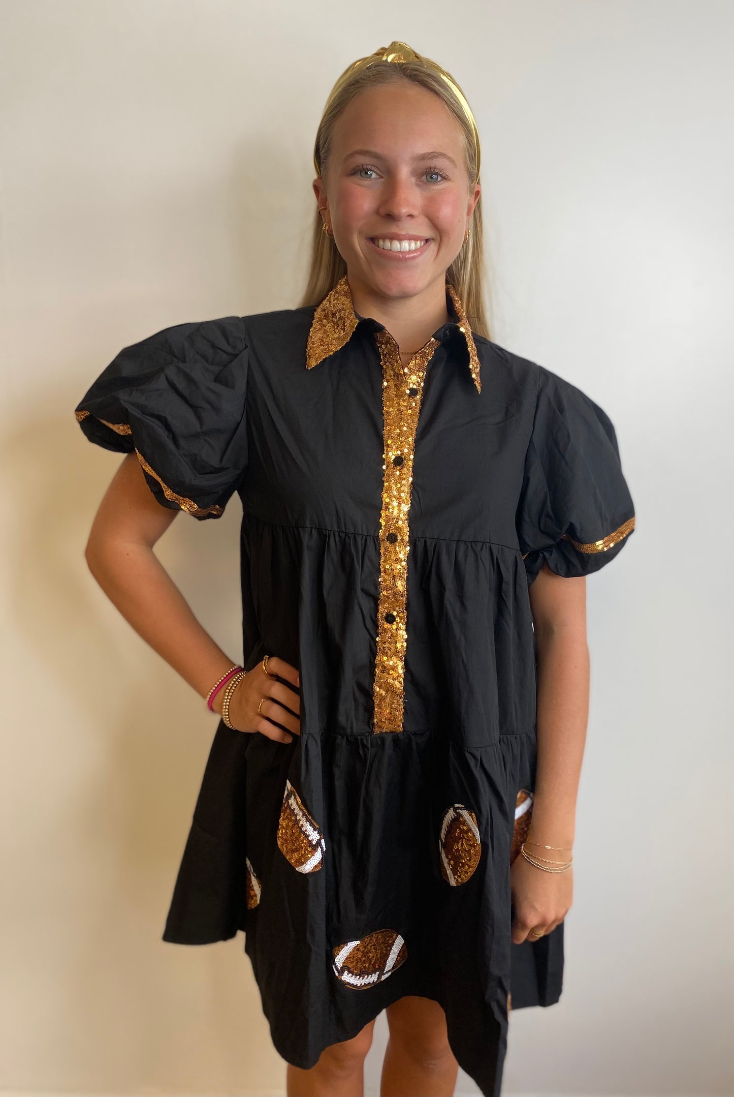 Game Day Dress - Gold Sequin Footballs