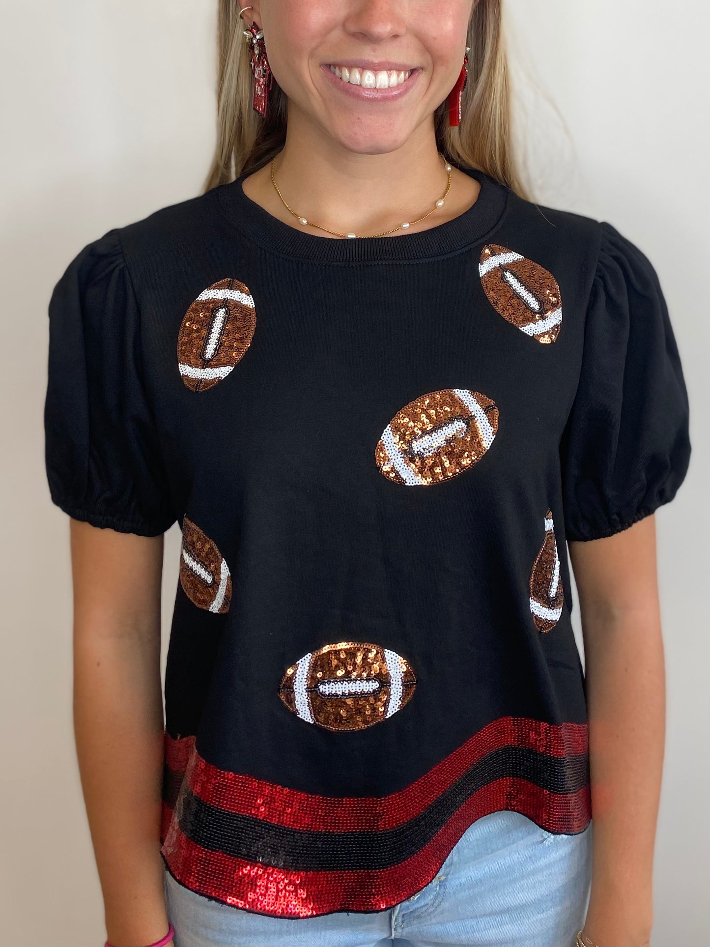 Black & Red Sequin Football Tee