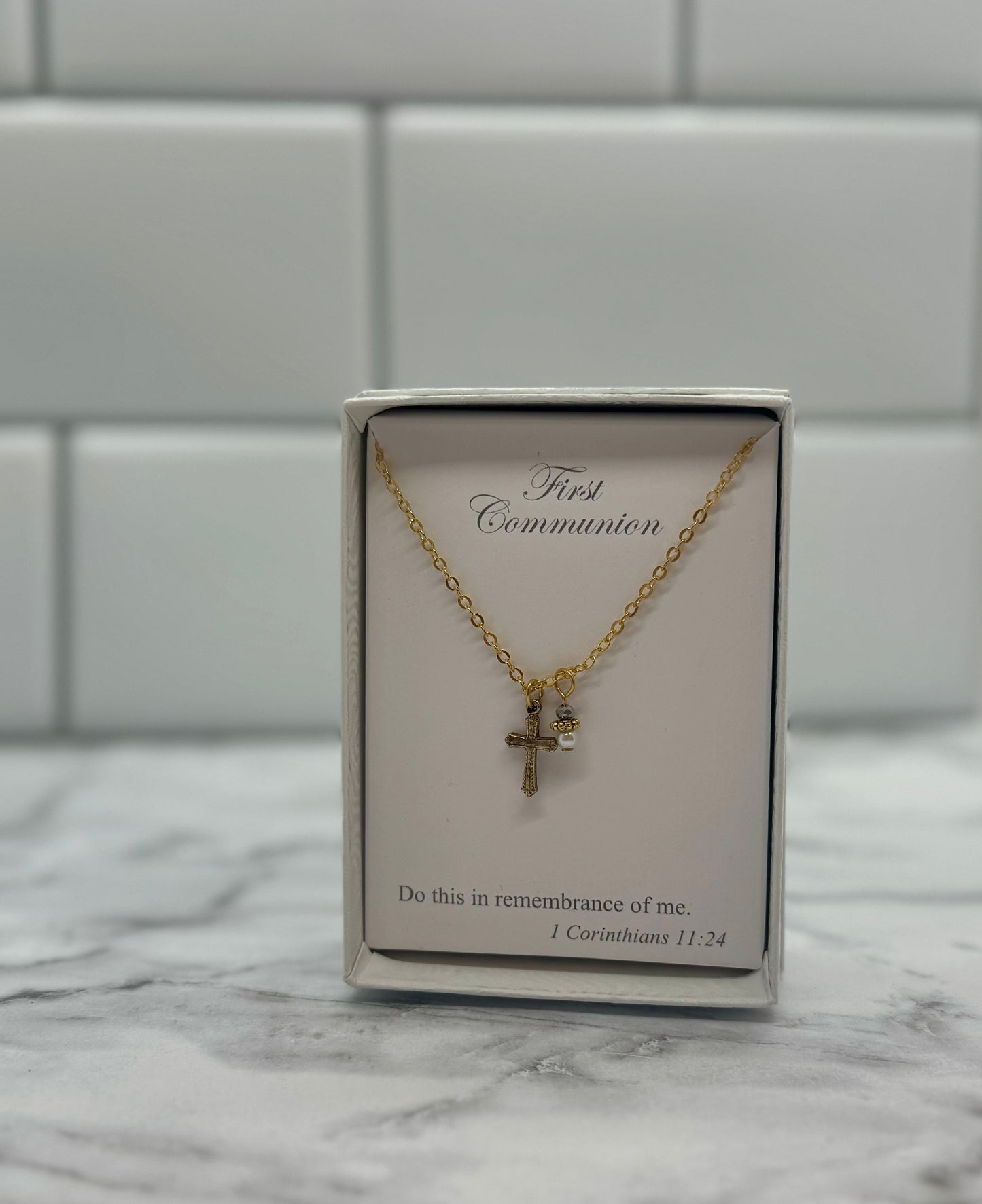 First Communion Gold Finish Cross and Pearl with a touch of Crystal