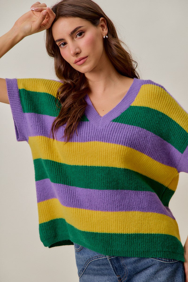Mardi Gras Loose Fit V Neck Stripe Sweater