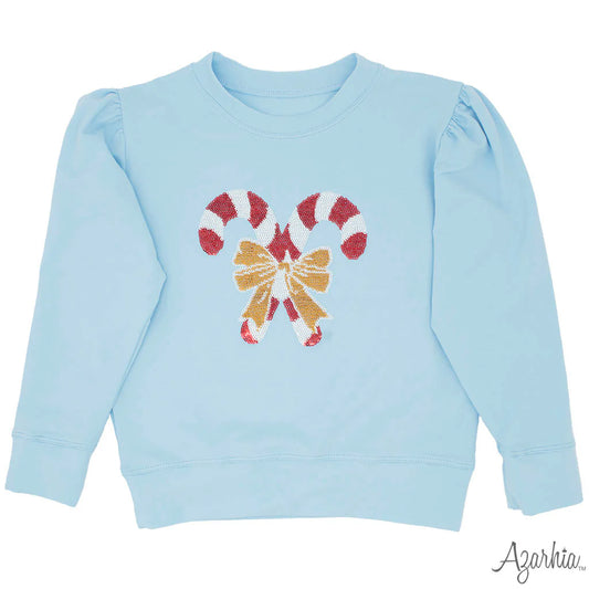 Light Blue Sweatshirt with Sequin Candy Canes