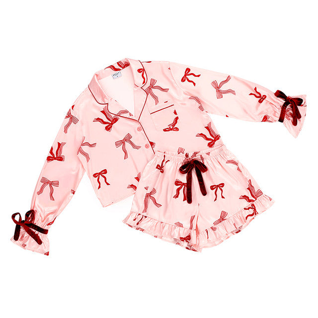 Cropped Ruffled Top + Ruffled Short PJ Set With Velvet Ties - Striped Bows