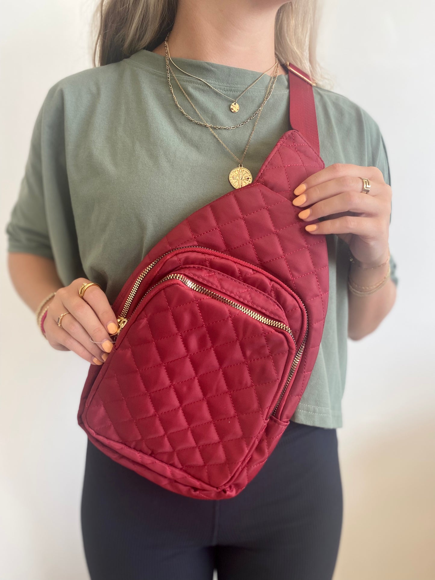 Burgundy Quilted Sling Bag