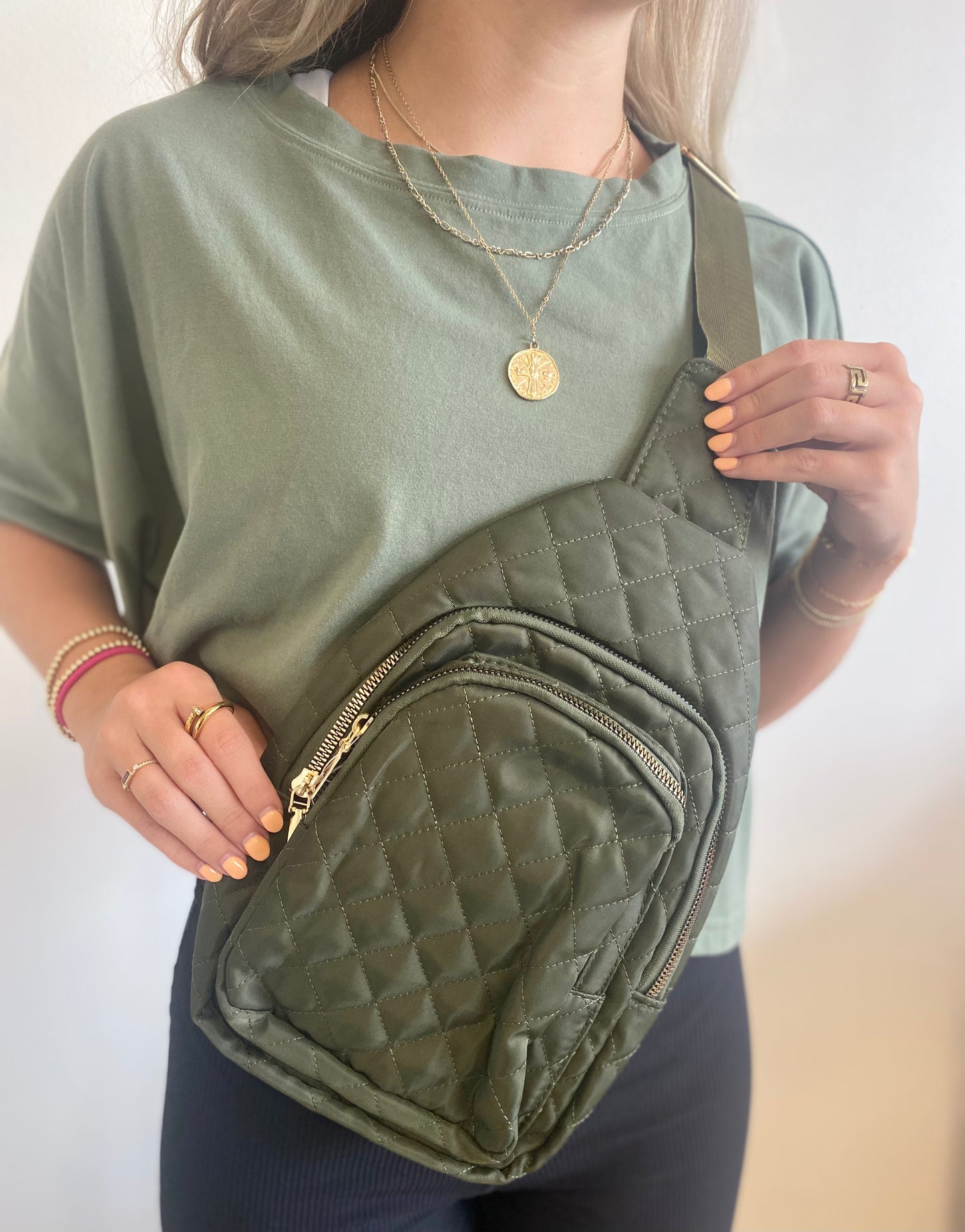 Olive Quilted Sling Bag