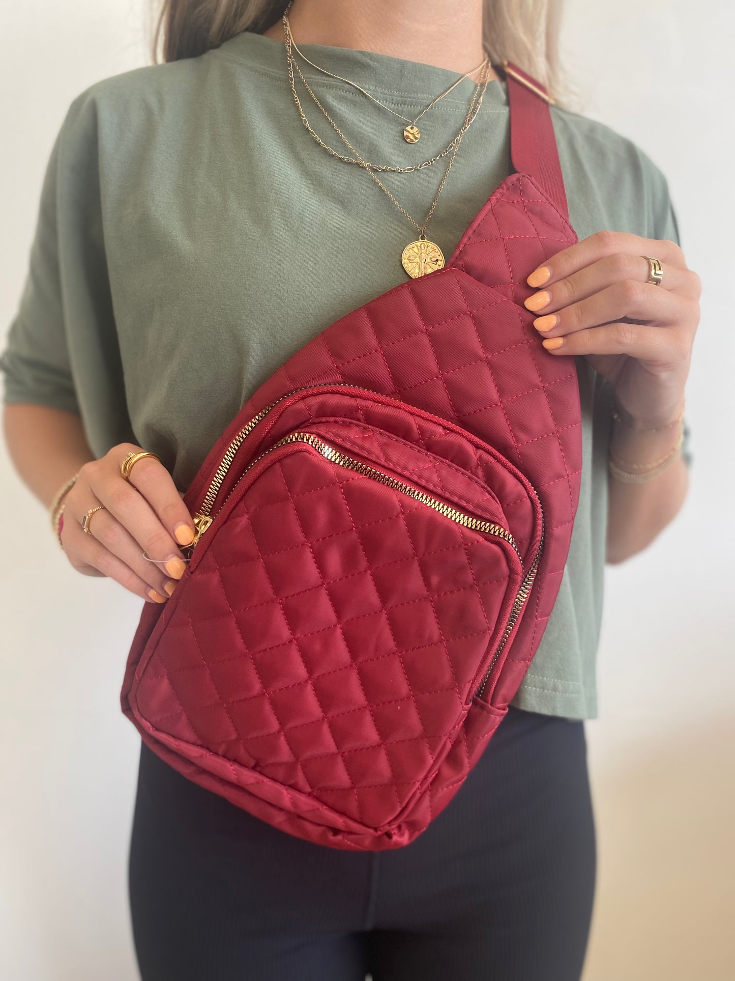Burgundy Quilted Sling Bag