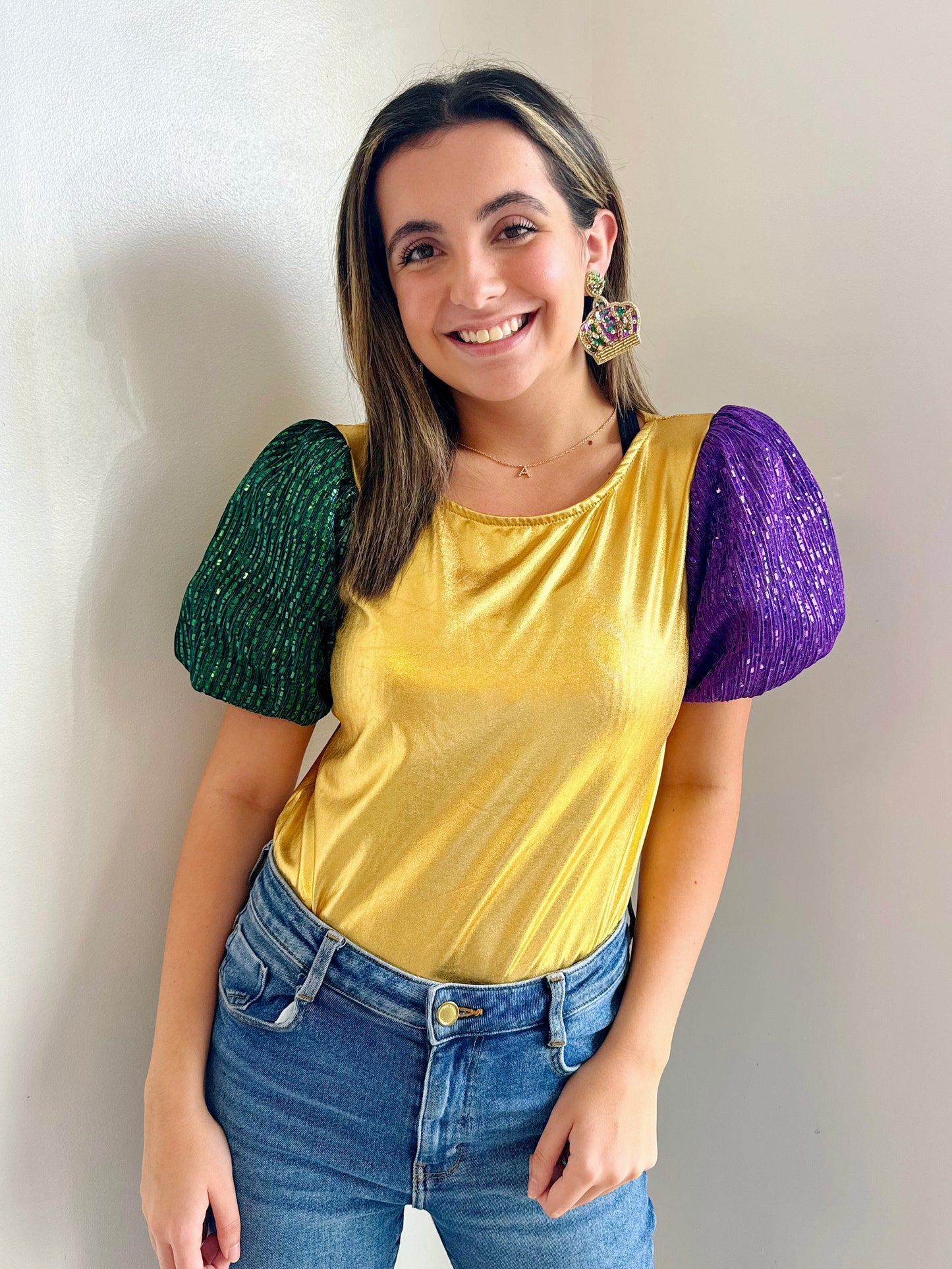 Mardi Gras Metallic Puff Sleeve Top