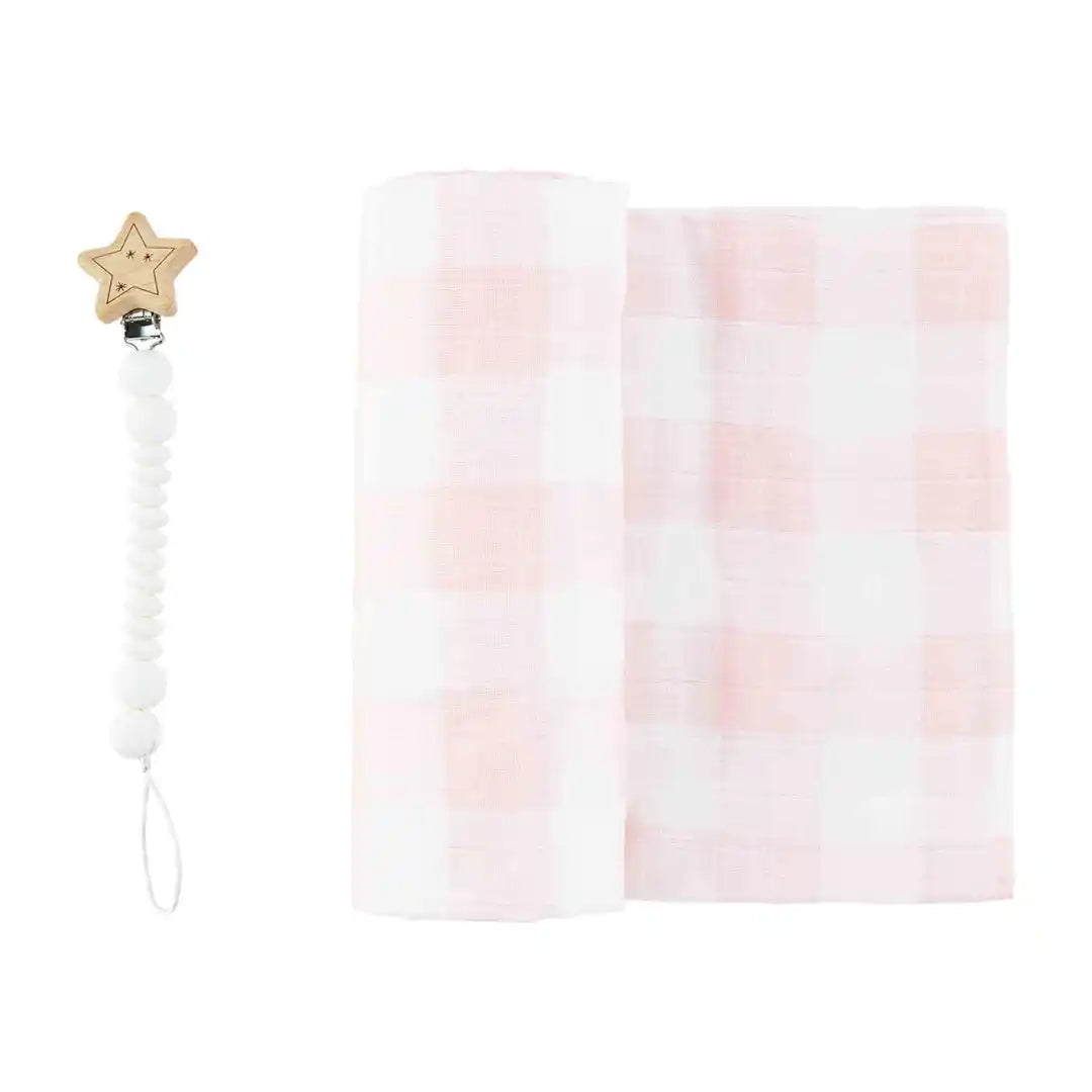 Pink Gingham Swaddle And Paci Clip Set