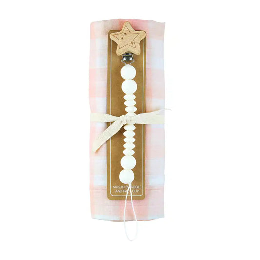 Pink Gingham Swaddle And Paci Clip Set