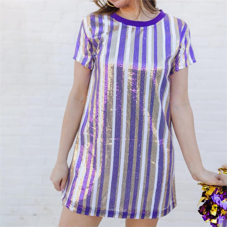 Julia Dress - Purple & Gold Stripe