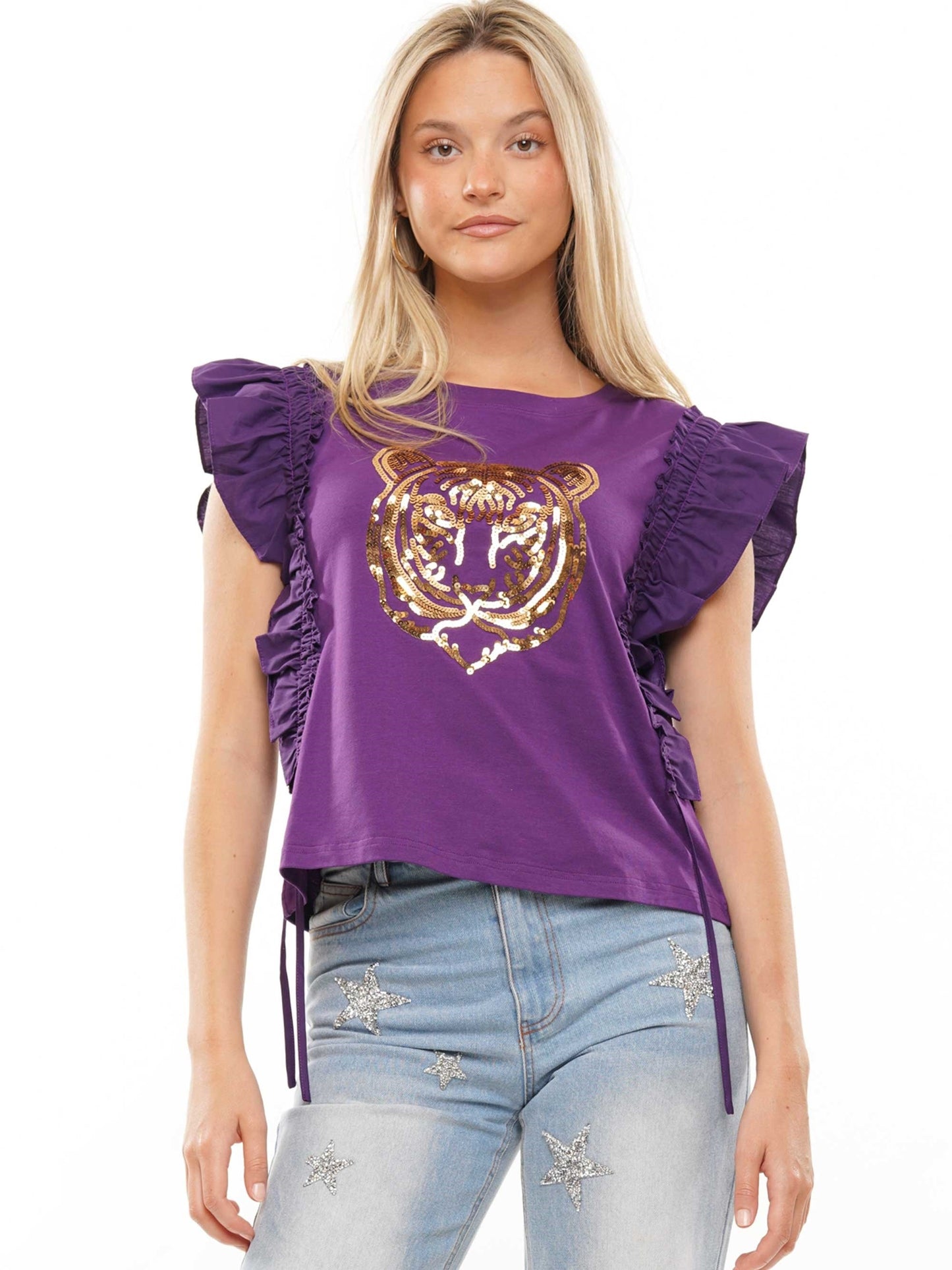 Ruffle Sleeve Sequin Tiger Top