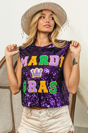 Mardi Gras Patches Sequin Sleeveless Top