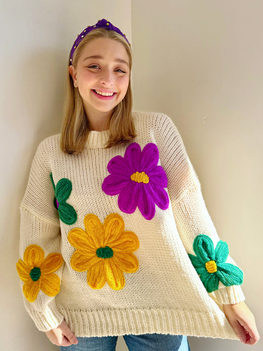 Mardi Gras Colors Flower Embroidery Sweater