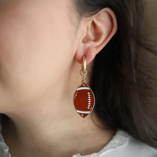 Game Day Enamel Football Drop Hoop Earrings in Worn Gold