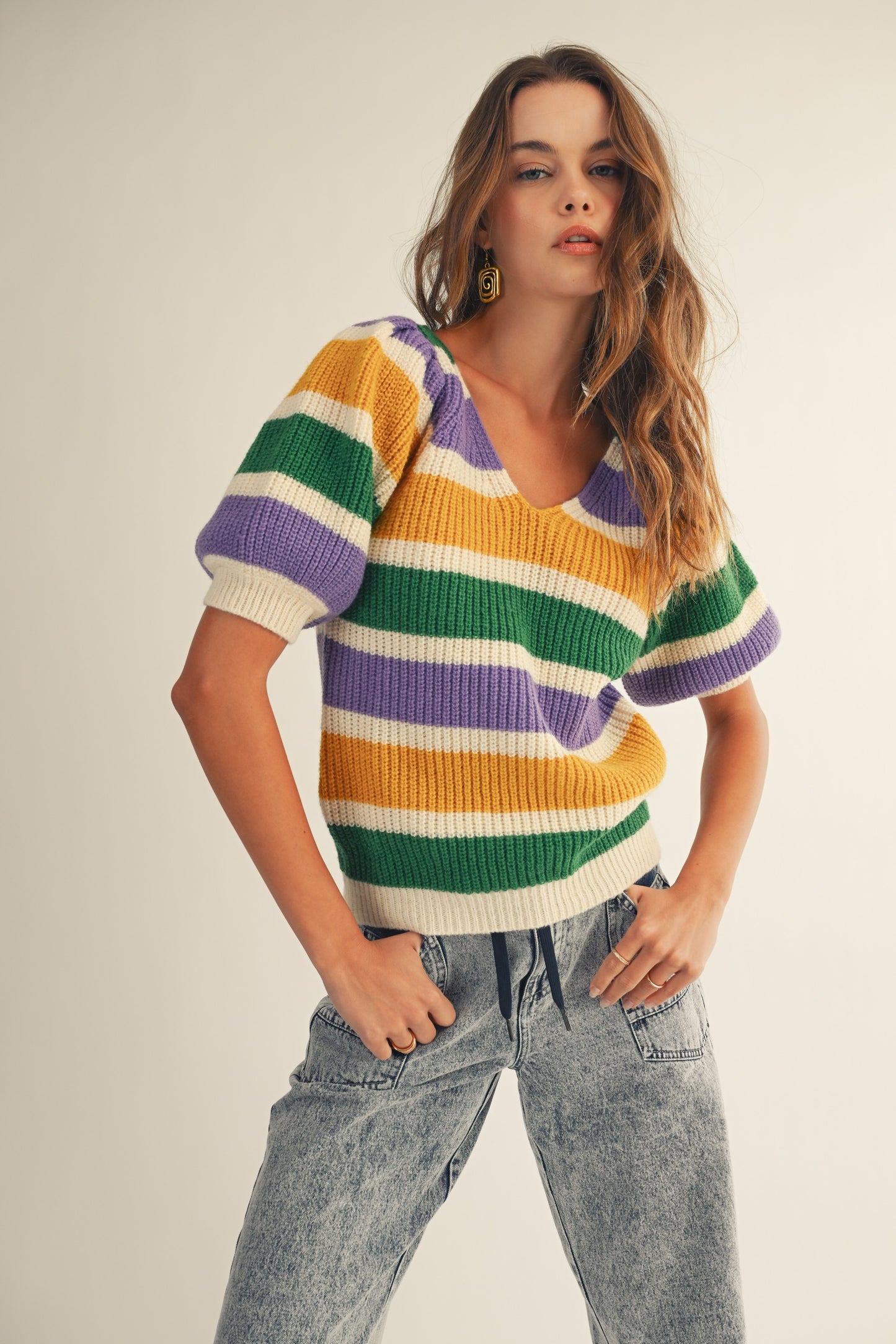 Mardi Gras Puffy Sleeves V Neck Sweater