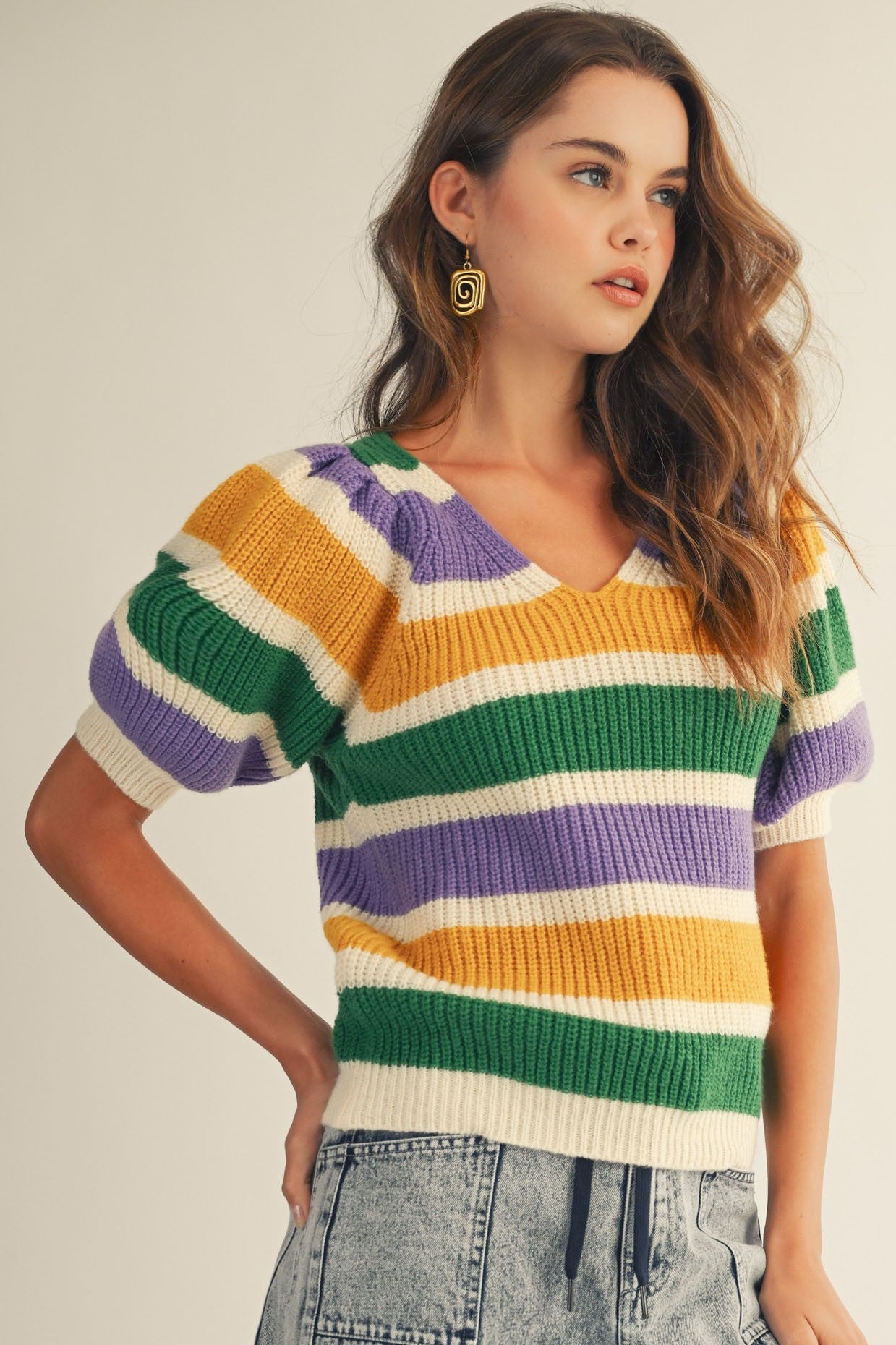 Mardi Gras Puffy Sleeves V Neck Sweater