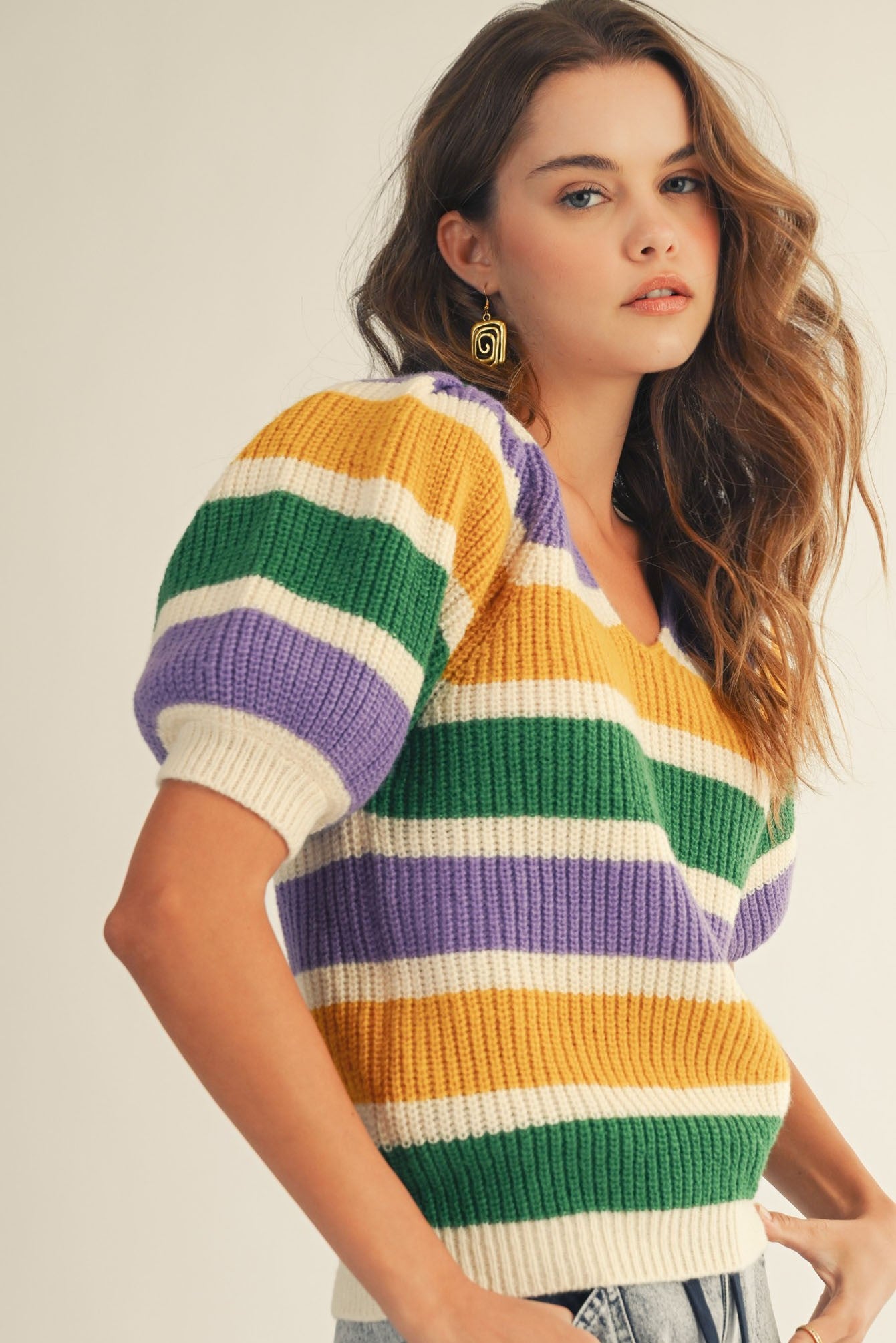 Mardi Gras Puffy Sleeves V Neck Sweater