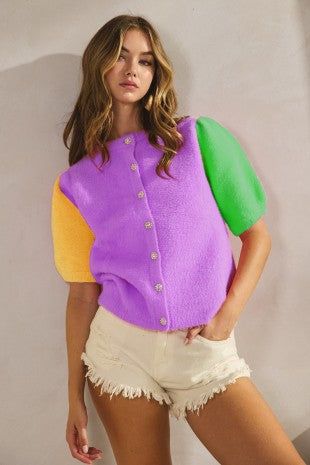 Mardi Gras Cardigan with Flower Buttons