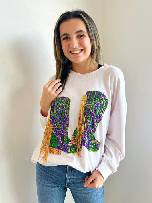 Fringe Mardi Gras Boots with Sequins Pullover