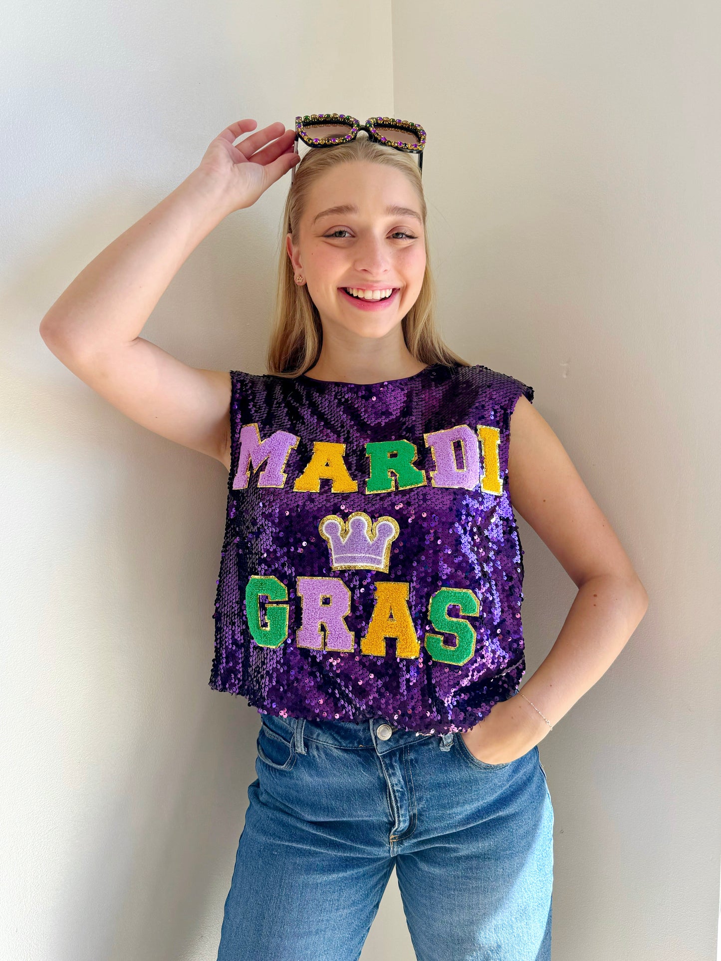 Mardi Gras Patches Sequin Sleeveless Top