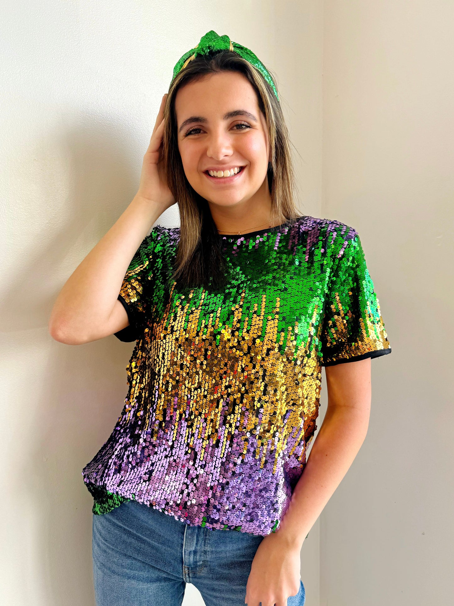 Mardi Gras Color Block Sequin Top