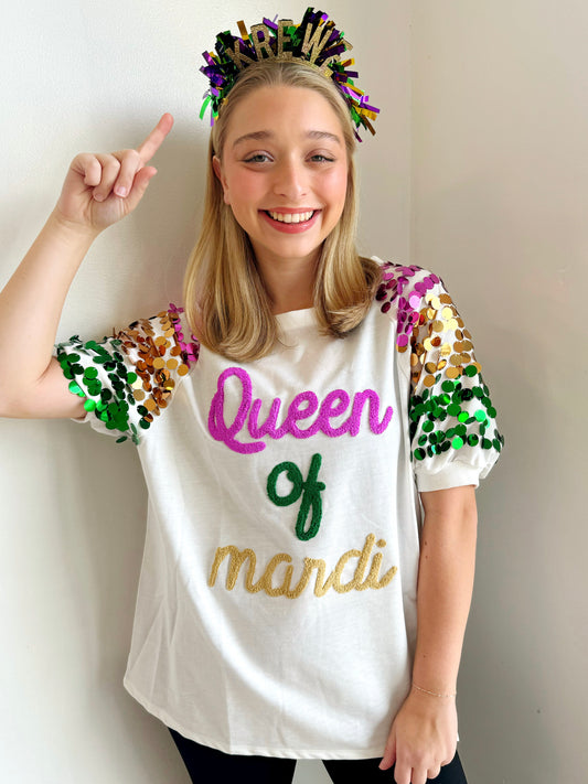 Queen of Mardi Embroidery Short Sleeve Mardi Gras Top