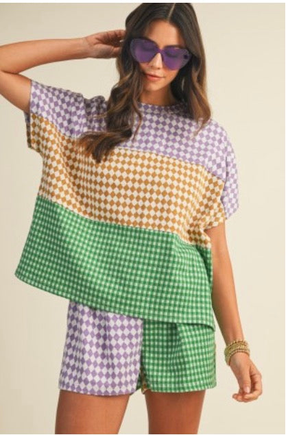 Mardi Gras Multi Checker Block Knit Top & Shorts
