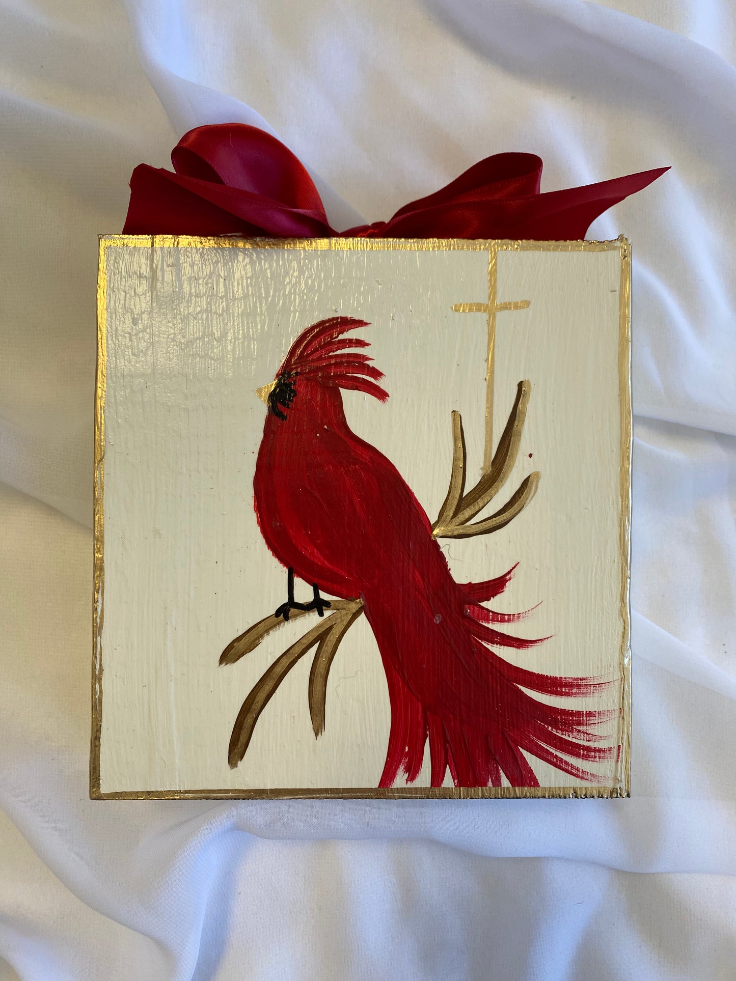 Cardinal Block Painting with Bow