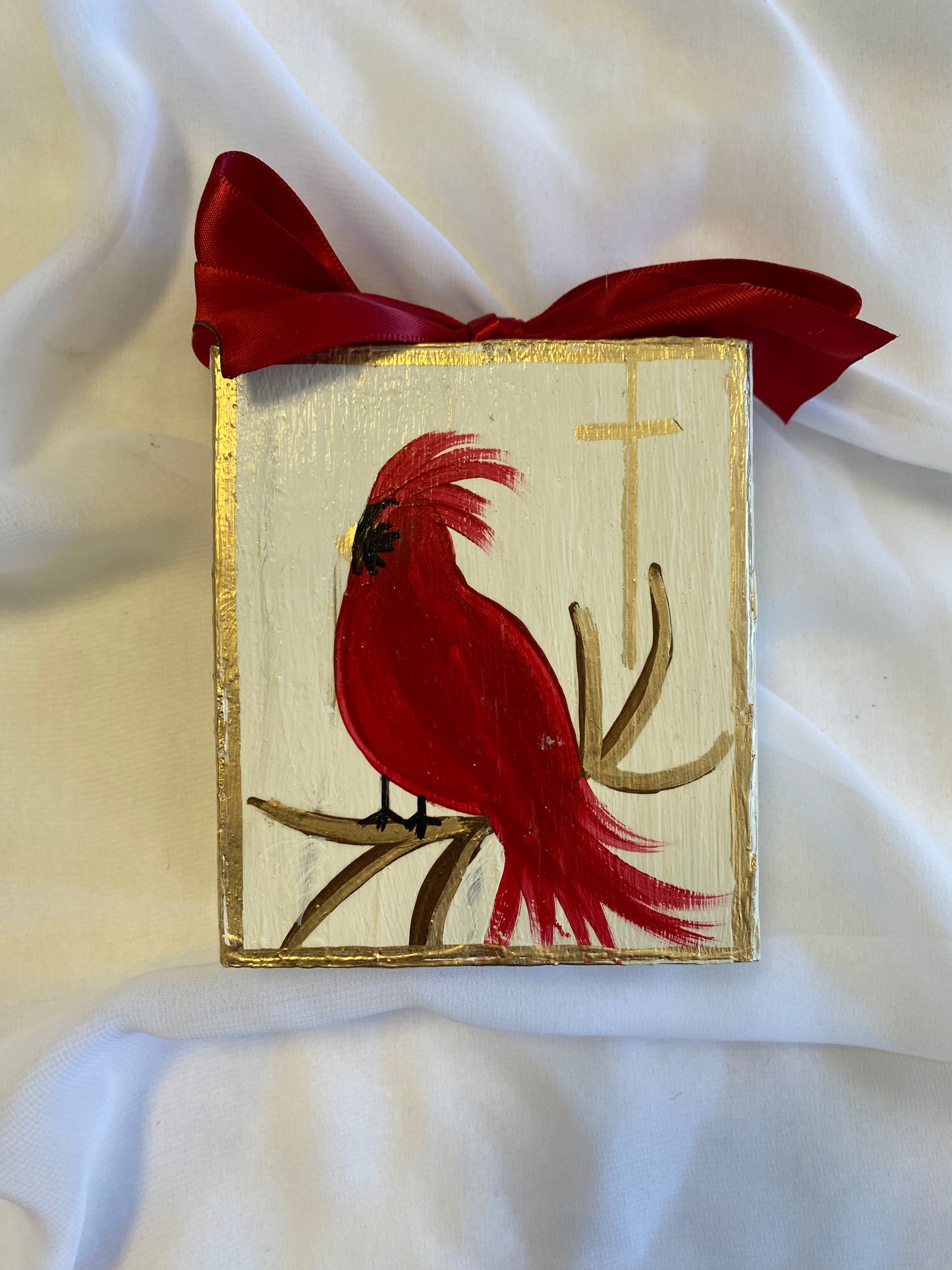 Cardinal Block Painting with Bow