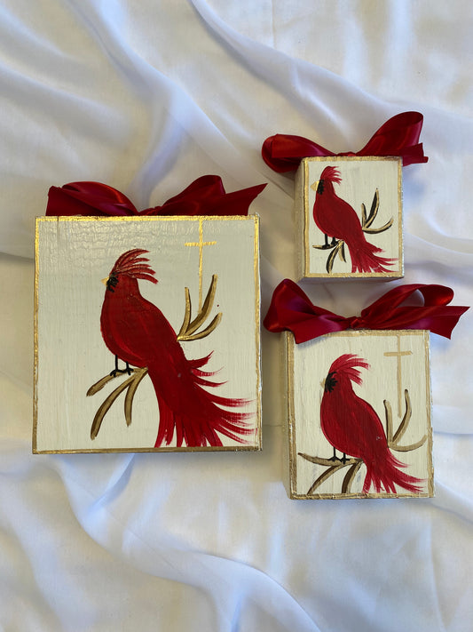 Cardinal Block Painting with Bow