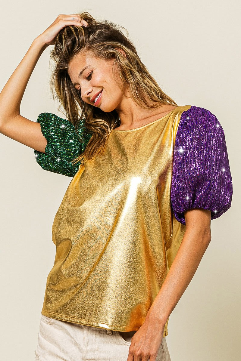 Mardi Gras Metallic Puff Sleeve Top