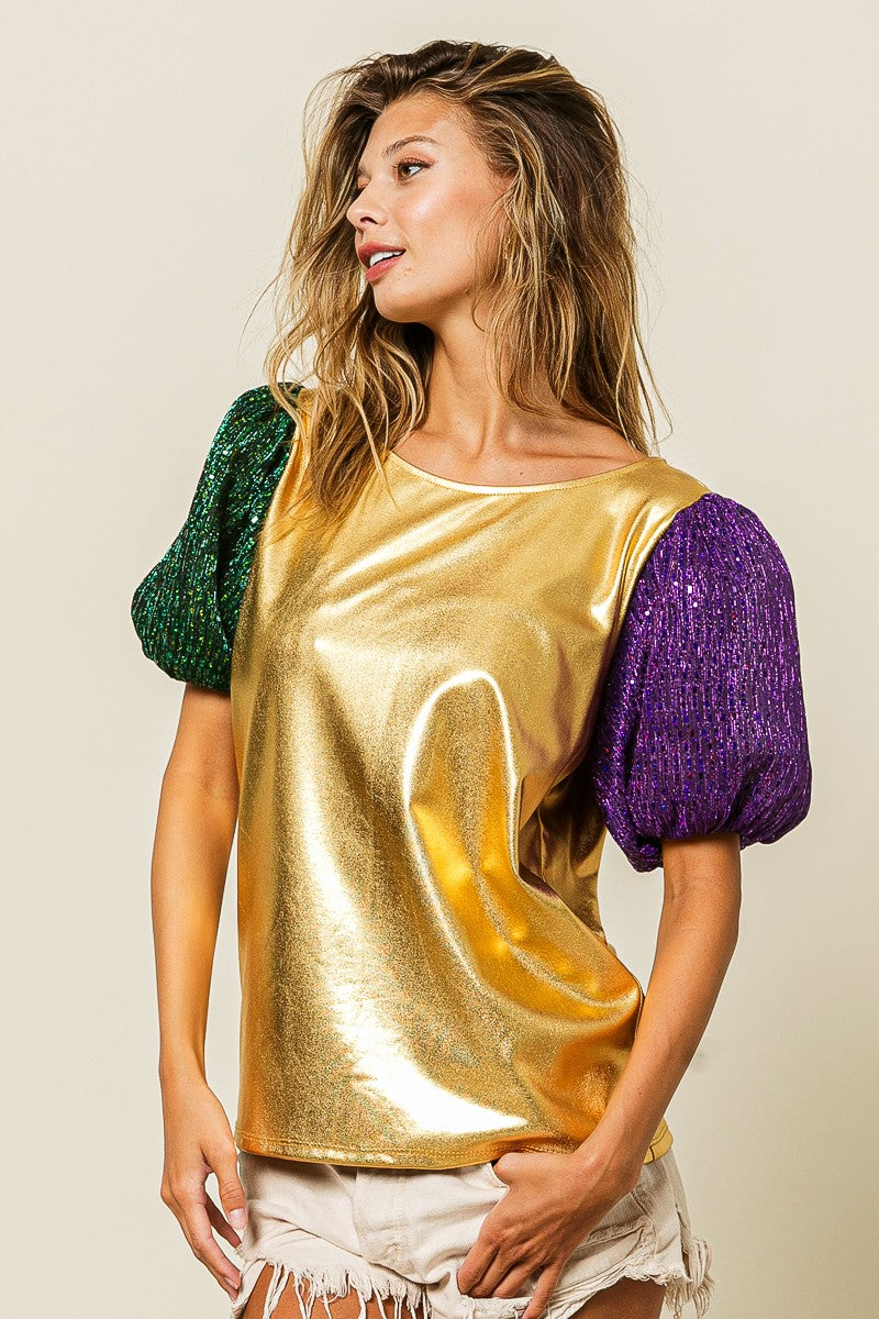 Mardi Gras Metallic Puff Sleeve Top