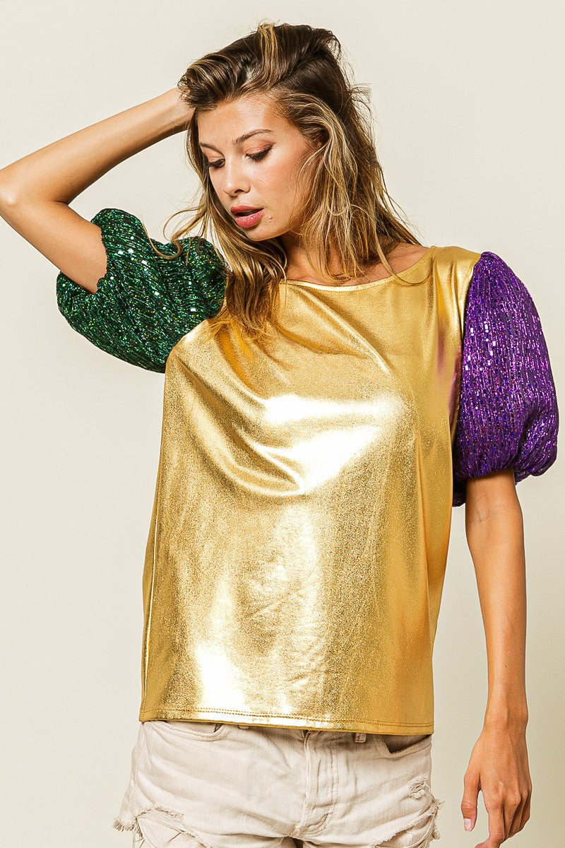 Mardi Gras Metallic Puff Sleeve Top