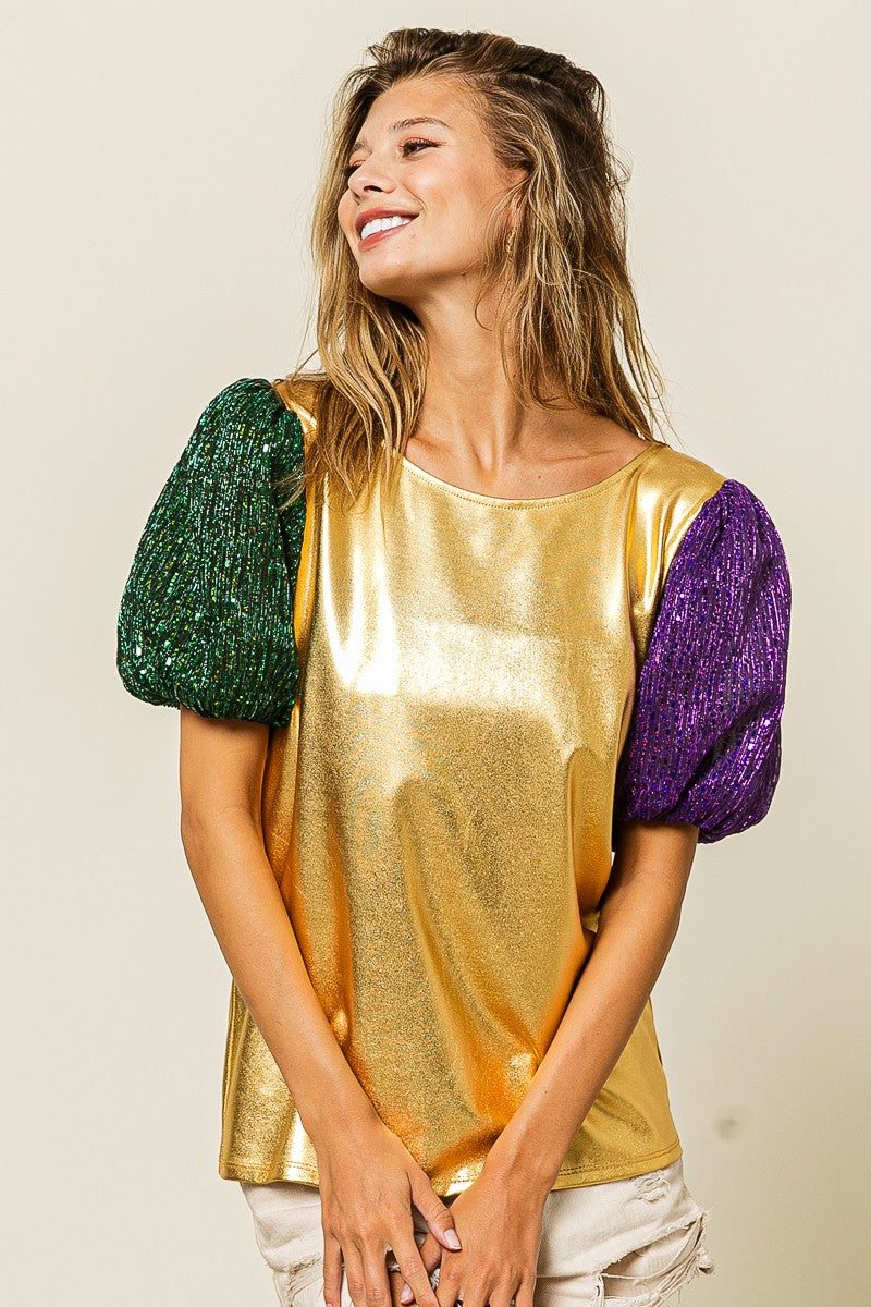 Mardi Gras Metallic Puff Sleeve Top