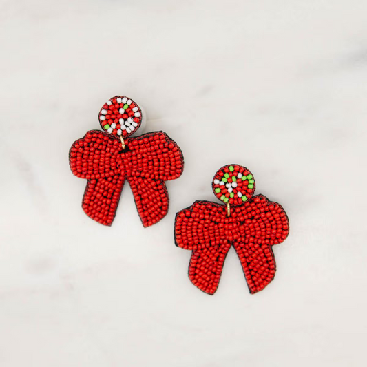 Christmas Bow Beaded Earrings