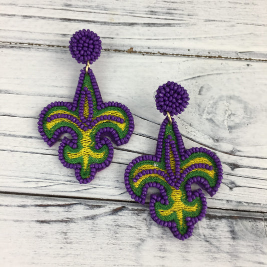 Beaded Mardi Gras Fleur de Lis Earrings