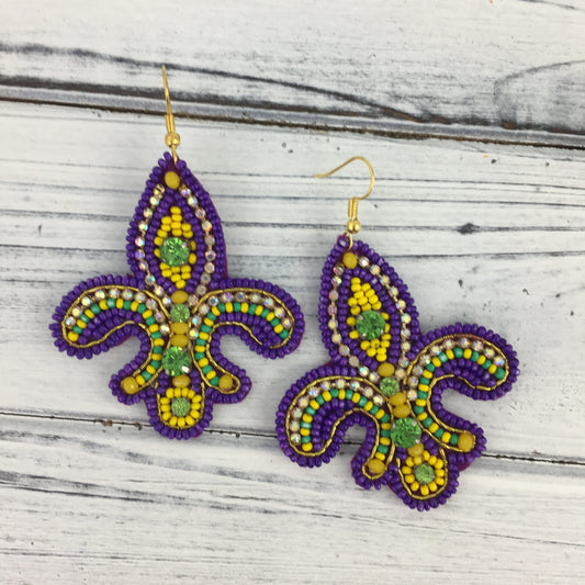 Beaded Rhinestone Mardi Gras Fleur Earrings