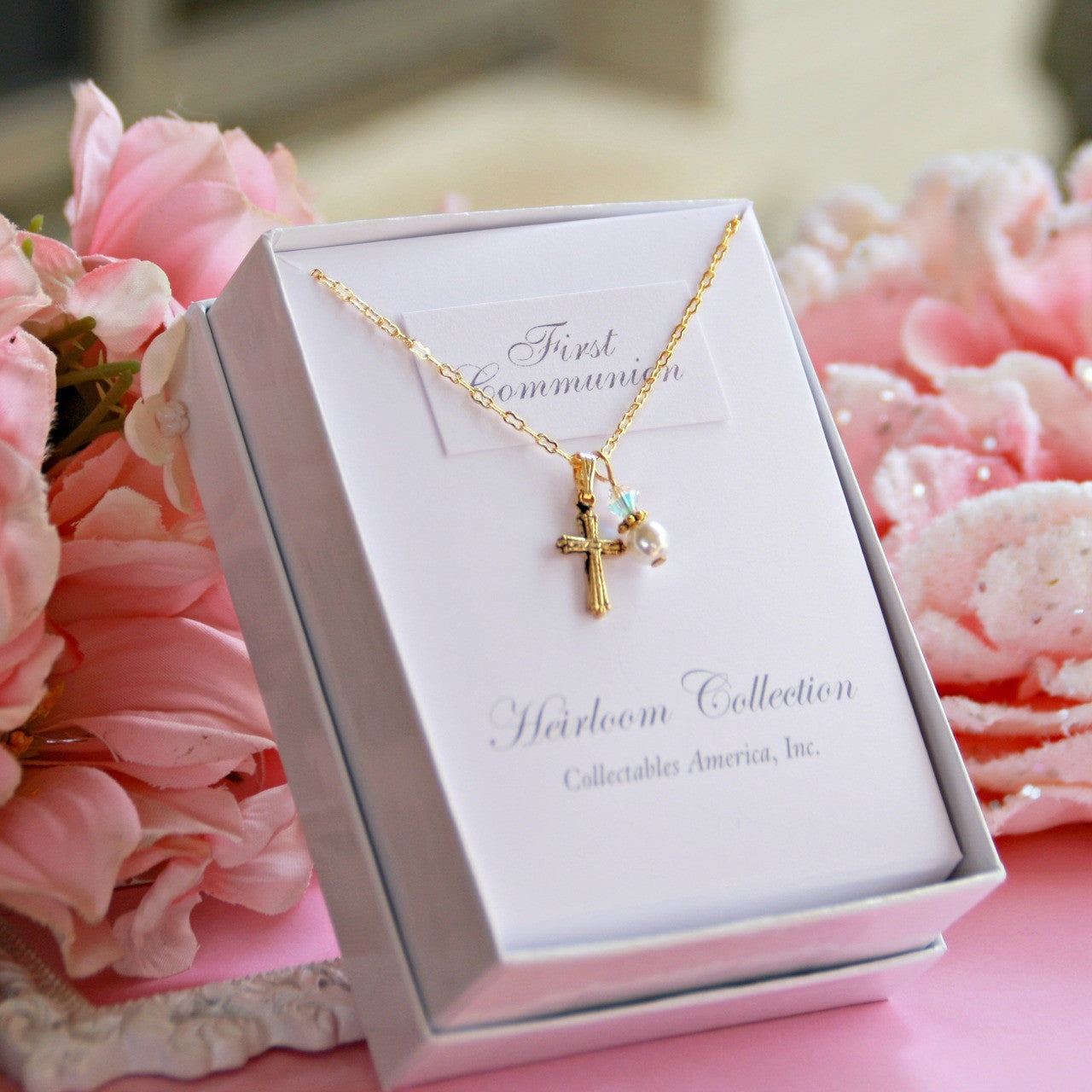 First Communion Gold Finish Cross and Pearl with a touch of Crystal