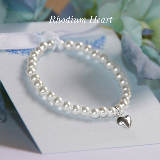 Stretchy 5" Glass Pearl Bracelet with Rhodium Puff Heart