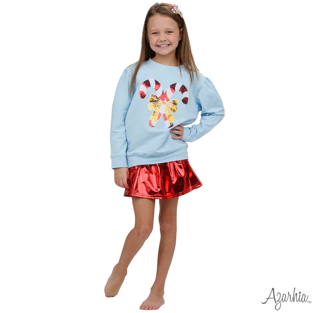 Light Blue Sweatshirt with Sequin Candy Canes